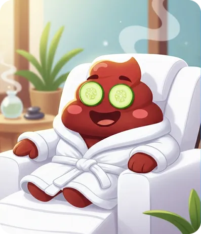 The PooDoo mascot relaxing in a spa robe with cucumber slices on its eyes